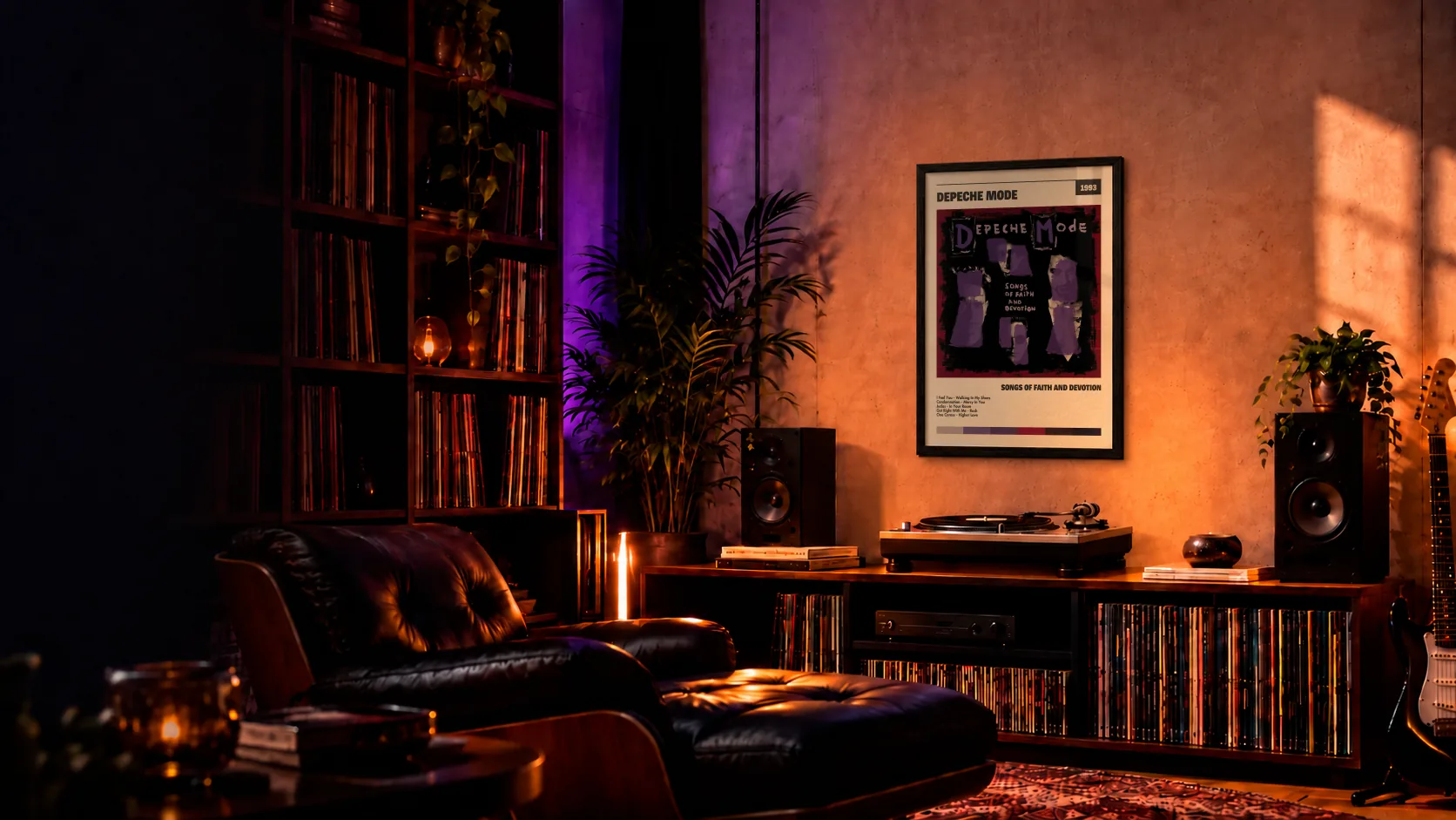 Ambiente de ejemplo de Pikfy: un cuadro de música enmarcado sobre un mueble con vinilos, tocadiscos y luces cálidas